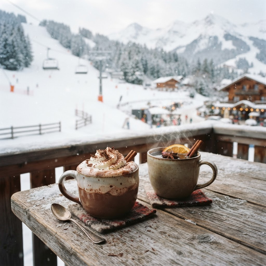 A mug of hot chocolate and a mug of gluhwein mulled wine on a snowy alpine table