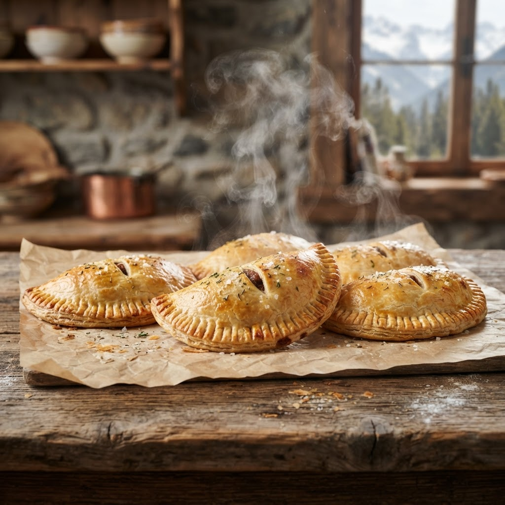 Golden baked goulash pies on a rustic wooden counter