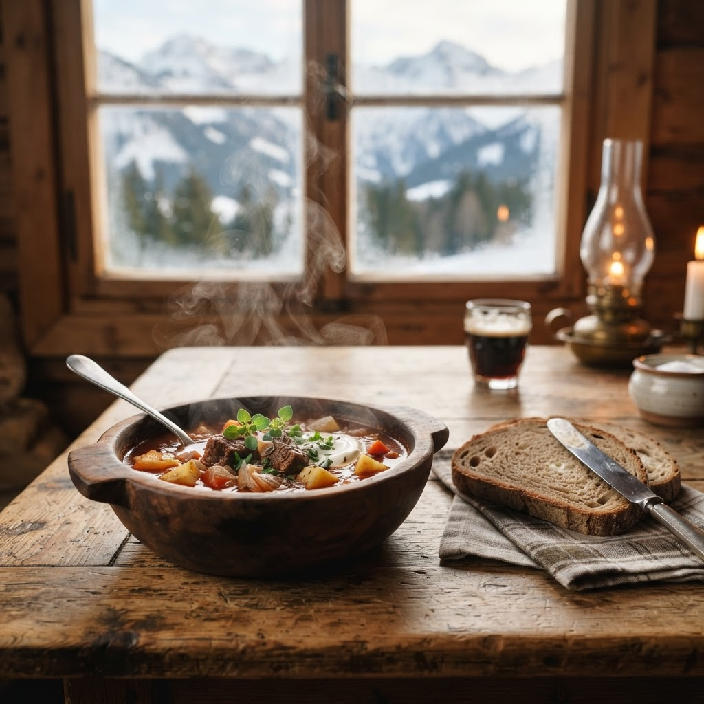 A steaming bowl of Bohemian goulash soup served with bread at Jerry's Stall